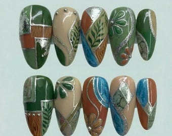 Handmade Earthy Abstract Press On Nails | Green Brown Nature Nail Set | Leaf & Stone Inspired Nails, Modern Artistic Press Ons