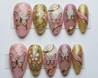 Luxury Pink Butterfly Press On Nails | Gold Floral 3D Nail Art | Sparkle Glitter Fake Nails | Handmade Reusable Nail Set