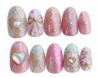 Pink Pastel Press On Nails, Fairycore Celestial Nail Art, Gold Moon Star Bow 3D Handmade False Nails