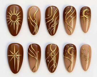 Handmade Celestial Press On Nails | Gold Sun, Moon & Star Accents On Brown Gradient | Long Elegant Nails For Glam Cosmic Vibe