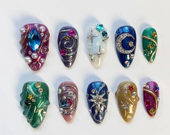 Handmade Celestial Gem Press On Nails | Moon, Starburst, Galaxy & Pearl Art | Long Square Nails For Cosmic Glam Vibe