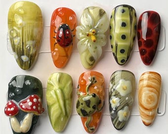 Handmade Forest Nature Press On Nails | 3D Frog, Mushroom, Ladybug & Flower Nail Art | Woodland Aesthetic Fake Nails | Cottagecore Botanical