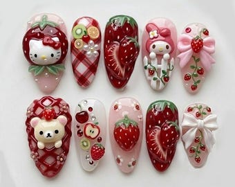 Kawaii Strawberry Press On Nails | 3D Cute Character Nail Set | Pink & Red Fruit Nail Art | Handmade Sweet Girly Nails