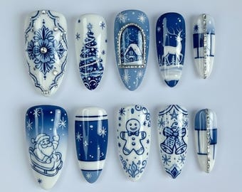 Handmade Blue Christmas Press On Nails | Navy & White Winter Nail Set with Snowflakes, Reindeer, Santa | Elegant Holiday Nails
