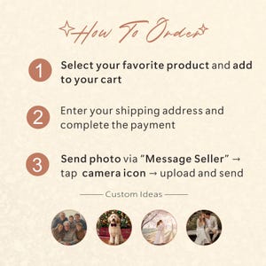 May include: A beige graphic with instructions on how to order a product. The steps include selecting a product, entering a shipping address, and sending a photo. Below are custom idea examples: a family portrait, a dog with a bow tie, a couple under cherry blossoms, and a couple in formal wear.