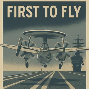 May include: Vintage-style poster with a navy blue and beige color scheme. The image features a military aircraft approaching a carrier, with the text "FIRST TO FLY" at the top and "LAST TO TOUCHDOWN" at the bottom. The aircraft is the focal point.