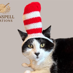 Cat in the Hat Style Crochet Pet Hat – Dr. Seuss Inspired Cat Costume – Funny Halloween Outfit for Cats and Small Dogs – Yarnspell Creations