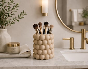 Beaded Bubble Makeup Brush Holder | 7” Tall Pencil Holder | Modern Bathroom Organizer | Neutral Desk Decor | 3D Printed Vanity Storage