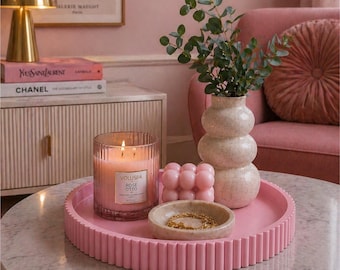 Bubble Gum Pink 3D Printed Round Tray | 9 Inch Decorative Tray | Modern Fluted Edge Tray | Vanity,  Coffee Table Decor | Gift for Her