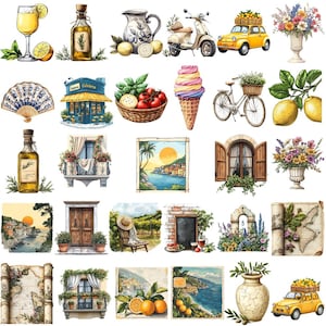 Italian Summer PNG Bundle, Mediterranean Aesthetic Clipart, Lemon Scooter Gelato Art, Vintage Travel Watercolor, Digital Download