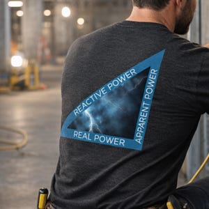 May include: Dark gray t-shirt with a blue triangle graphic on the back. The graphic features a lightning bolt and the words "Reactive Power," "Real Power," and "Apparent Power" in white text. The shirt is made of a soft material.