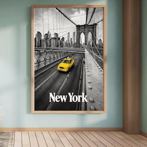 New York City Taxi Art Print – Black & White Brooklyn Bridge Poster with Yellow Cab, Modern Urban Wall Art