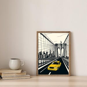 New York City Taxi Art Print – Black & White Brooklyn Bridge Poster with Yellow Cab, Urban Wall Art