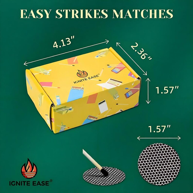 May include: A yellow box of matches with the text "EASY STRIKES MATCHES" and dimensions of 4.13" x 2.36" x 1.57". The box has a colorful pattern and the "IGNITE EASE" logo. A round black and white striker pad is also shown.