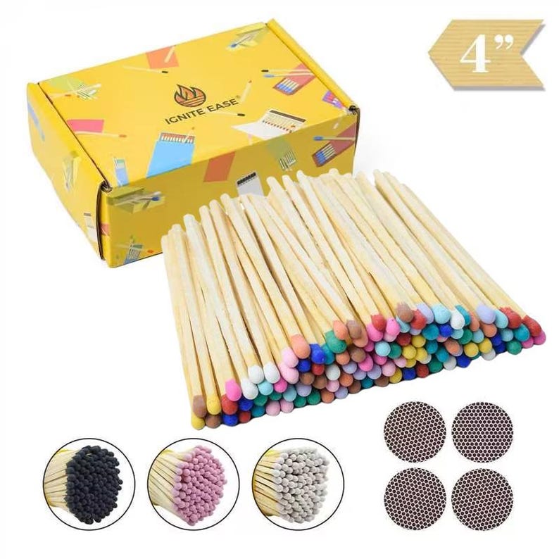 Fósforos largos de seguridad de 10 cm (4 pulgadas), paquete de 100 fósforos para velas y chimeneas, con rascador y caja. imagen 1