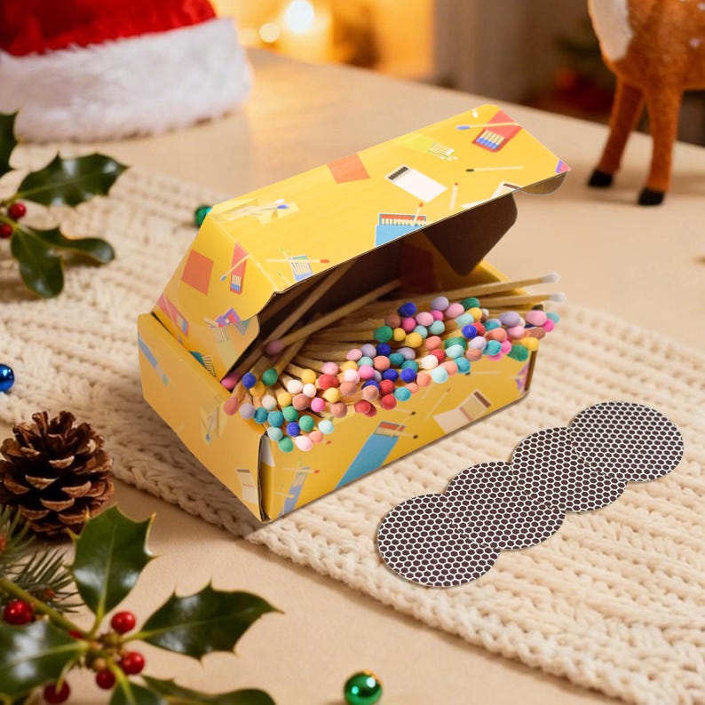 May include: A yellow matchbox with a colorful design, open to reveal wooden matches with multi-colored tips. A match striker is next to the box. The scene is set on a cream-colored knitted surface with holiday decorations.