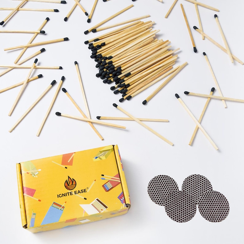 Fósforos largos de seguridad de 10 cm (4 pulgadas), paquete de 100 fósforos para velas y chimeneas, con rascador y caja. Negro