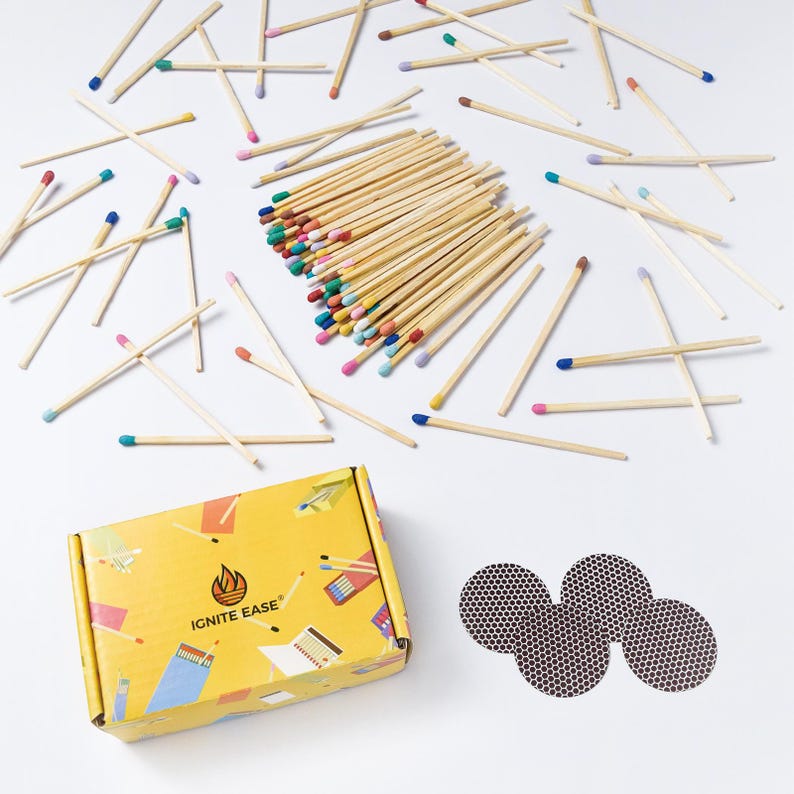 Fósforos largos de seguridad de 10 cm (4 pulgadas), paquete de 100 fósforos para velas y chimeneas, con rascador y caja. Arcoíris