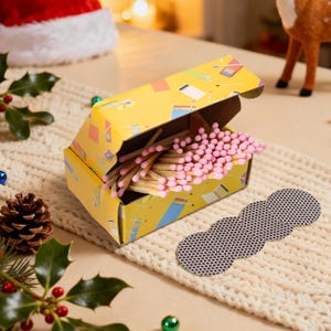 May include: A yellow matchbox with a colorful design, filled with pink-tipped matches. A brown, scalloped match striker is next to the box. The scene includes holiday decorations, such as holly and a Santa hat, suggesting a festive theme.