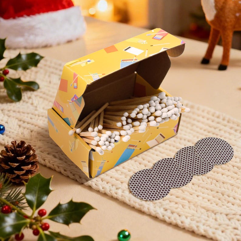 May include: A yellow matchbox with a colorful design, open to reveal wooden matches with white tips. A brown, scalloped match striker sits nearby. The scene is set on a cream-colored, textured surface with holiday decorations.