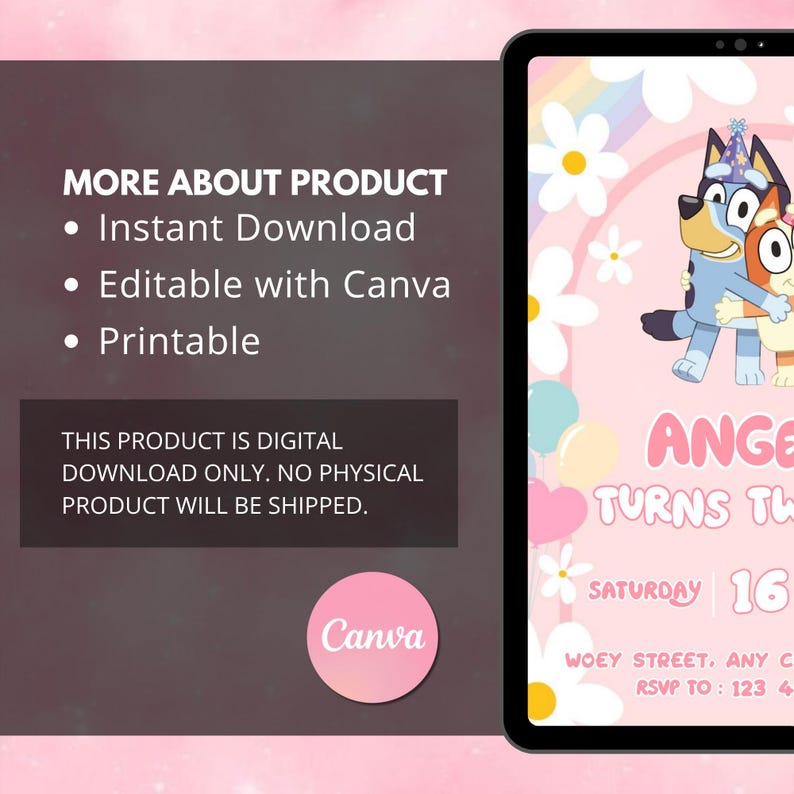 Bluey Birthday Invitation Editable Canva Template, Bluey party invite, digital download printable Bluey Invite Rainbow Daisy Girl Party image 8