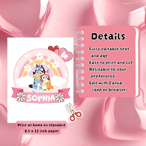 Bluey Birthday Invitation Editable Canva Template, Bluey party invite, digital download printable Bluey Invite Rainbow Daisy Girl Party image 7