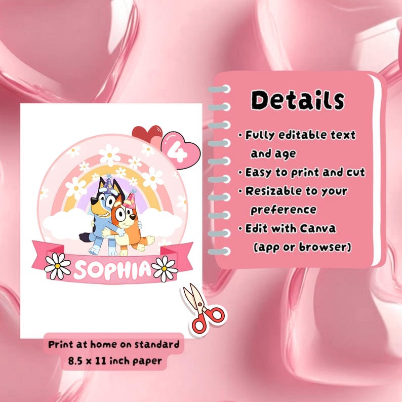 Bluey Birthday Invitation Editable Canva Template, Bluey party invite, digital download printable Bluey Invite Rainbow Daisy Girl Party image 7