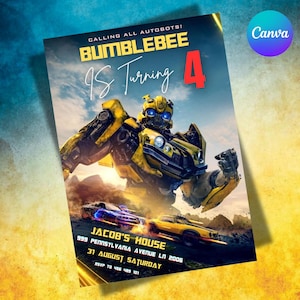 Op de afbeelding: Een uitnodiging voor een feestje met Bumblebee van Transformers. Het ontwerp bevat de tekst "Calling All Autobots!" en "Bumblebee is Turning 4". De uitnodiging bevat ook evenementdetails: Jacob's House, datum en RSVP-informatie.