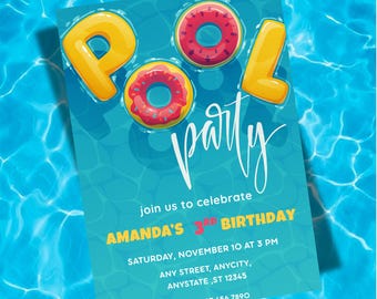 Pool Party Birthday Invitation: Editable Kids Summer Invite (Canva Template Digital Download