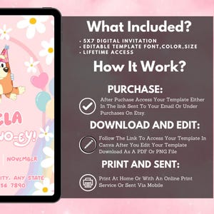 Bluey Birthday Invitation Editable Canva Template, Bluey party invite, digital download printable Bluey Invite Rainbow Daisy Girl Party image 9