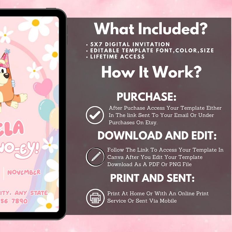 Bluey Birthday Invitation Editable Canva Template, Bluey party invite, digital download printable Bluey Invite Rainbow Daisy Girl Party image 9