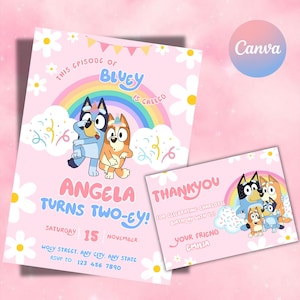 May include: A pink birthday invitation and thank you card set featuring Bluey and Bingo characters, a rainbow, white daisies, and confetti. The text includes This Episode of Bluey is Called Angela Turns Two-ey, Saturday 15 November, and Thank You.
