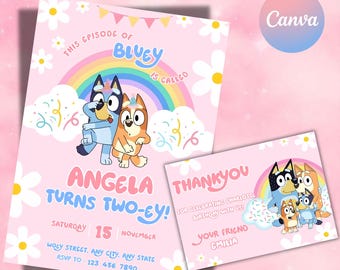 Bluey-Geburtstagseinladung für Mädchen (bearbeitbar, Canva), Bluey-Partyeinladung zum digitalen Download, druckbare Bluey-Regenbogen-Gänseblümchen-Party für Mädchen