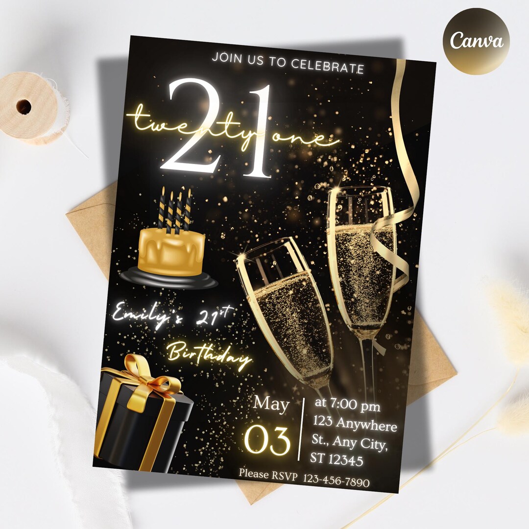 Editable 21st Birthday Invitation — Black & Gold | Canva Template ...