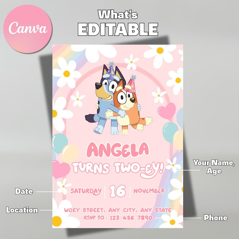 Bluey Birthday Invitation Editable Canva Template, Bluey party invite, digital download printable Bluey Invite Rainbow Daisy Girl Party image 10