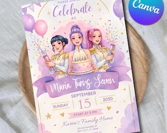 May include: A birthday invitation card featuring three illustrated figures in white and gold outfits holding party poppers around a cake. The text reads: Please join us to celebrate as Maria turns seven, Sunday September 15 2030, start at 5 PM, Karen's Family Home.