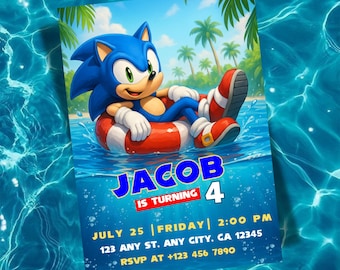 Sonic Pool Party Invitation, Editable Summer Birthday Invite (Canva Template)