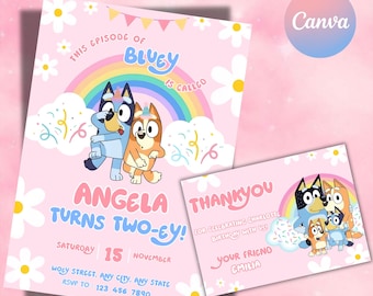 Bluey birthday invitation girl editable Canva, Bluey party invite digital download, printable Bluey Rainbow Daisy Girl Party
