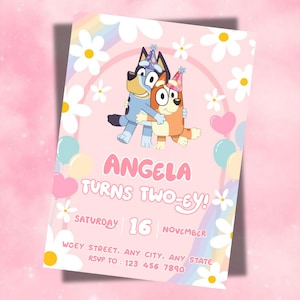 Bluey Birthday Invitation Editable Canva Template, Bluey party invite, digital download printable Bluey Invite Rainbow Daisy Girl Party image 2