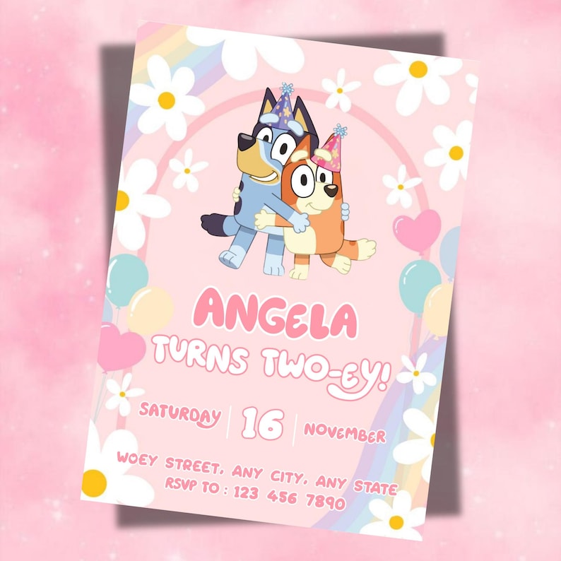 Bluey Birthday Invitation Editable Canva Template, Bluey party invite, digital download printable Bluey Invite Rainbow Daisy Girl Party image 2
