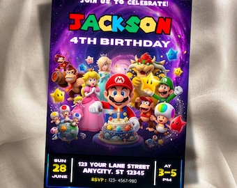 Mario Galaxy Birthday Invitation, Outer Space Party Invite, Boys Gaming Party card, Instant Download, Editable Canva Template (5x7 in)