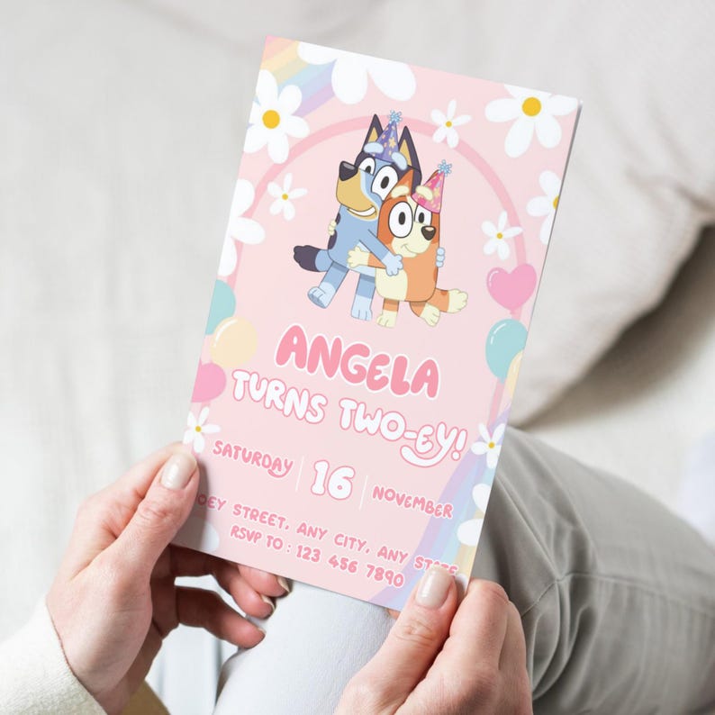 Bluey Birthday Invitation Editable Canva Template, Bluey party invite, digital download printable Bluey Invite Rainbow Daisy Girl Party image 6