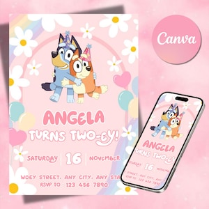 Bluey Birthday Invitation Editable Canva Template, Bluey party invite, digital download printable Bluey Invite Rainbow Daisy Girl Party image 4