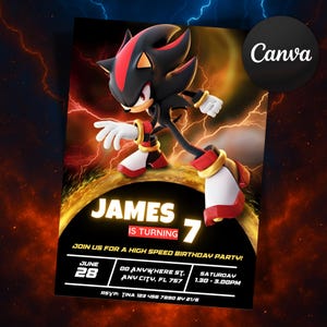May include: A birthday party invitation featuring a cartoon character with a black and red color scheme. The invitation includes the name "JAMES", the age "7", and party details. The background has a lightning and energy theme.