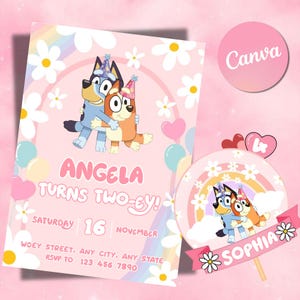 Bluey Birthday Invitation Editable Canva Template, Bluey party invite, digital download printable Bluey Invite Rainbow Daisy Girl Party image 1