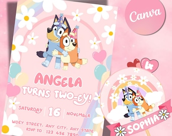 Bluey Birthday Invitation Editable Canva Template,  Bluey party invite, digital download printable Bluey Invite Rainbow Daisy Girl Party
