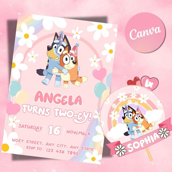 Bluey Birthday Invitation Editable Canva Template,  Bluey party invite, digital download printable Bluey Invite Rainbow Daisy Girl Party