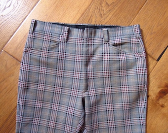 Vintage 1970's Haggar Double Knit Slacks Men's Brown Plaid Check Pattern Polyester Pants 36" x 29" Very Brady Flat Front Trousers