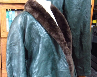 Vintage 1980s/1990s J Percy for Marvin Richards Green Leather Fur Lined Women's Jacket and Pants Set Luxury Cold Weather Suit