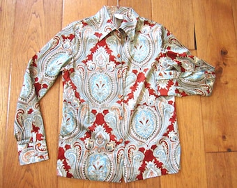 Vintage 1970s Graff CaliforniaWear Women's Long-Sleeve Button-Up Blouse 40" Aqua-Blue Paisley Polyester Large/Long Point Disco Collar Shirt